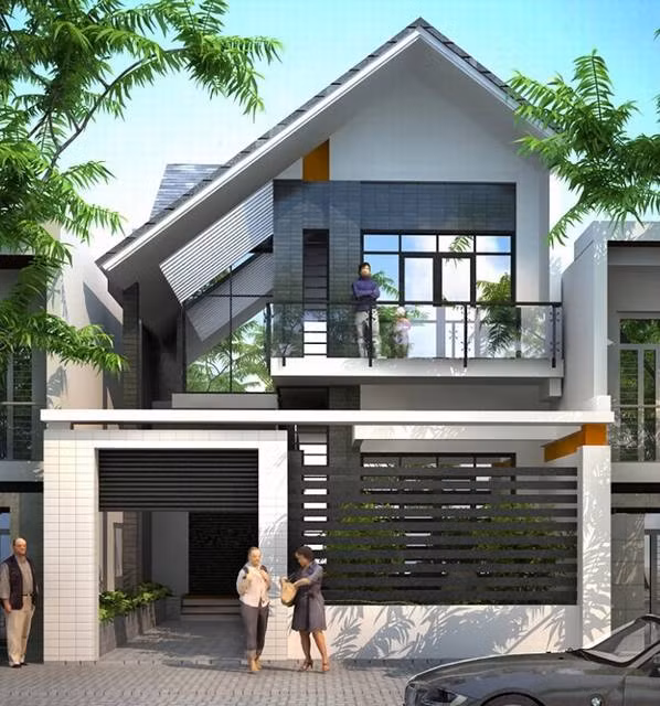 Nhà 2 tầng mái thái phong cách hiện đại gồm sân trước có sân vườn tiểu cảnh nhỏ xanh thoáng. Ảnh: Nhadepvuonxinh.