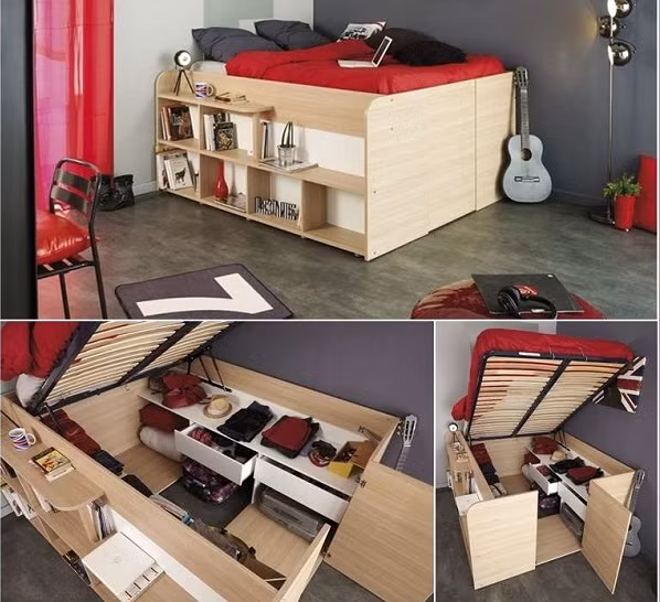 Chiếc giường vừa là nơi để ngủ, là giá sách cũng là tủ quần áo cho gia đình. Ảnh: Homedit.