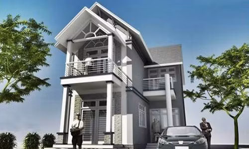  Nhà mái dốc hình chữ A mang kiểu dáng Á Đông thoáng mát. Mặt tiền ngôi nhà có ban công bên phía chữ L và sân thượng phía trước. Ảnh: Nhattao.