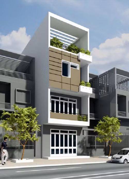 Với chi phí 900 triệu đồng, bạn có thể xây nhà 3 tầng dạng nhà ống. Tầng 1 có thể sử dụng cho kinh doanh, tận dụng cầu thang làm toilet. Tầng 2 gồm phòng ngủ bố mẹ, phòng con trai nhỏ và phòng khách, phòng bếp. Tầng 3 bố trí phòng ngủ con gái lớn, phòng thờ, phòng giặt phơi. Ảnh: Anthuanphuoc.