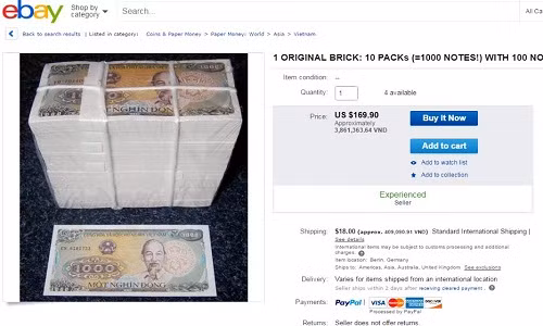 Tien cu 1 Dong Viet Nam rao ban 45 trieu tren eBay