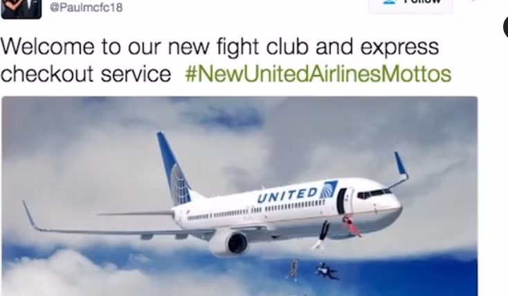 Khẩu hiệu mới của United Airlines: "Chào mừng đến với câu lạc bộ đấm đá mới của chúng tôi và cùng trải nghiệm dịch vụ đá ra ngoài". Ảnh: Tech Insider.