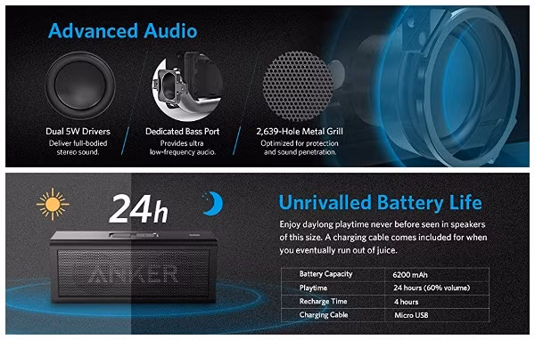 Ngoài kết nối Bluetooth thì Anker A7909 còn hỗ trợ kết nối NFC và có cả giắc cắm 3.5mm dành cho các máy nghe nhạc di động.