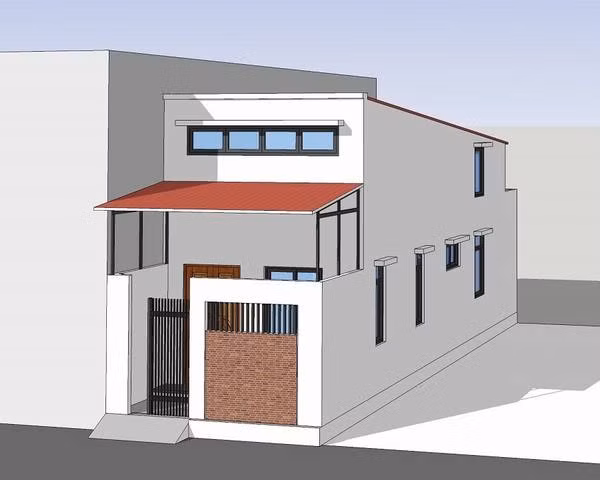 Nhà ống có gác lửng trang nhã tường trắng và mái tôn đỏ. Ảnh: Maunhadep.