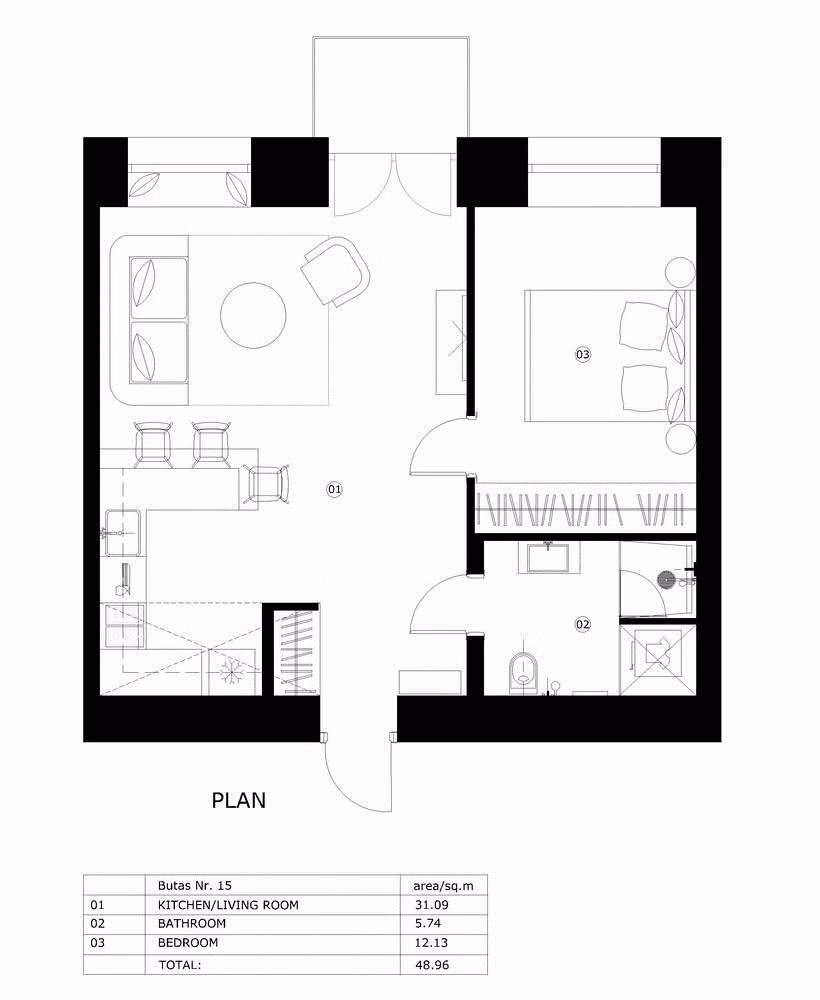 Mặt bằng căn hộ 49 m2.