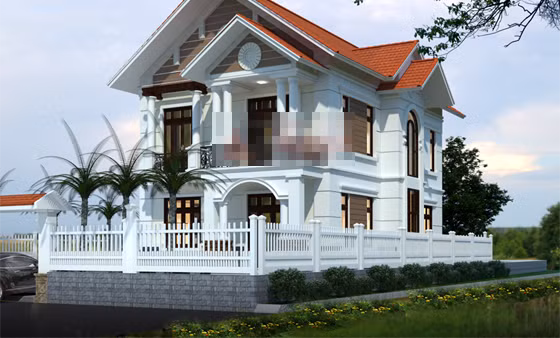 Nhà 2 tầng 1 tum có hiên trải dài và rộng với hàng cột độc đáo. Ảnh: Kientrucxanh.