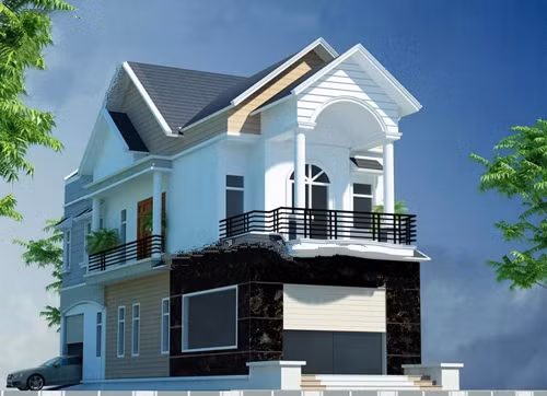 Mặt tiền tầng 1 ốp đá hoa cương màu đen cho căn nhà thêm sang trọng. Ảnh: Kientrucsuvietnam.