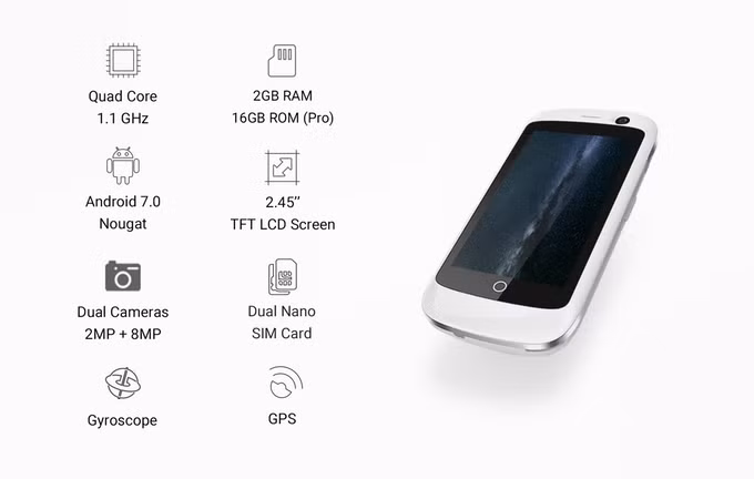 Ngoài ra, máy còn trang bị camera sau với cảm biến 8 MP, camera trước 2 MP, pin dung lượng 950 mAh với thời gian chờ khoảng 7 ngày. Khi bán ra thị trường, máy được cài sẵn phiên bản Android 7.1.1 mới nhất của Google.