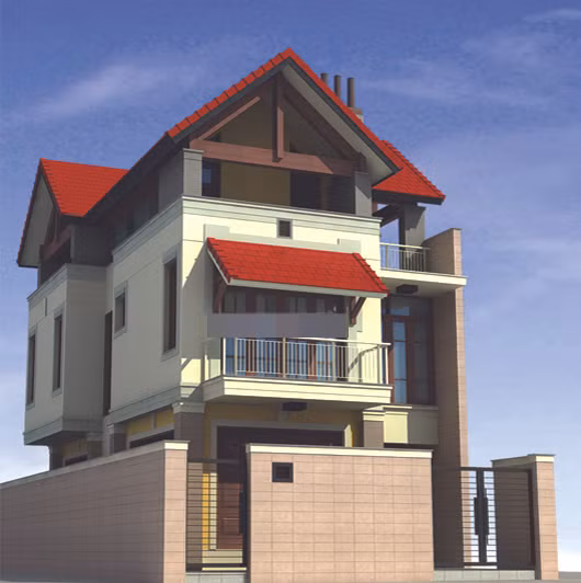 Ngôi nhà được thiết kế theo theo phong cách cổ điển kết hợp hiện đại với mái ngói đỏ, lam gỗ màu nâu và hình khối đơn giản. Các chi tiết đường nét rõ ràng, khoẻ khoắn. Ảnh: Trangkim.