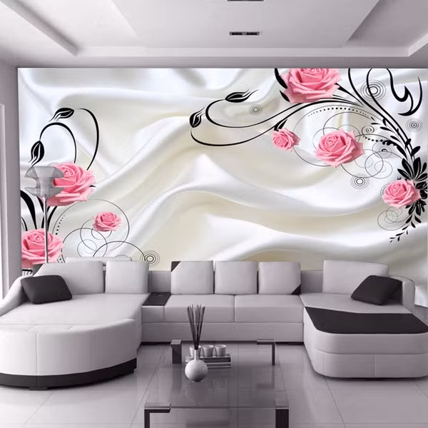 Mẫu giấy dán tường 3D với điểm nhấn nhá là những bông hoa hồng khiến bạn có cảm giác như đang ngắm nhìn một mảnh vải lụa tơ tằm ngay trước mắt.