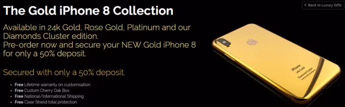 Bên cạnh đó, người dùng có thể chọn lớp vỏ lưng iPhone 8 bằng vàng 18K. Ảnh: Goldgenie.