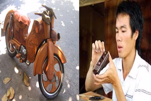 Bằng niềm say mê và sức sáng tạo, chàng trai Trần Văn Đỉnh đã thu về hàng trăm triệu đồng mỗi tháng từ sọ dừa, gỗ vụn. Anh sử dụng những vật liệu bỏ đi này để dán lên điện thoại, xe máy...Sản phẩm của anh được nhiều người săn lùng và đơn đặt hàng ngày càng nhiều. Ảnh: Zing.