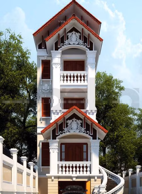 Mặt tiền nhà ống 4 tầng mềm mại và độc đáo với dòng kiến trúc Pháp xa hoa, nhằm tôn vinh quyền lực sở hữu của gia chủ. Ảnh: Sonha.