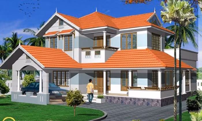 Nhà mái thái 2 tầng kiểu giật cấp ngói đỏ truyền thống. Ảnh: Thanglongarc.