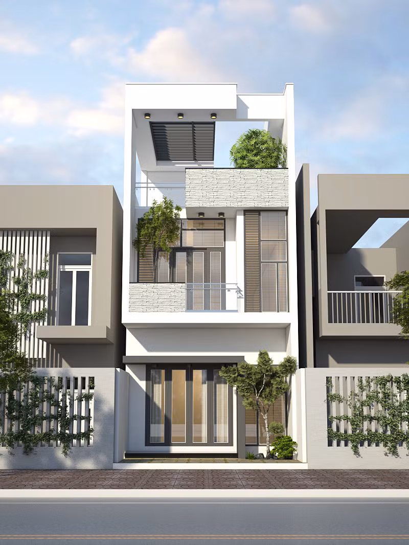 Ngôi nhà nổi bật với các mảng tường được ốp đá trang trí theo tông màu trung tính của toàn công trình. Ảnh: Nhapho.