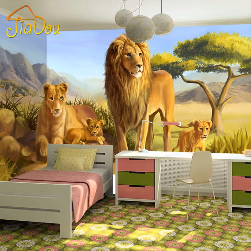 Giấy dán tường 3D hình sư tử cho không gian phòng bé gần gũi với thiên nhiên. Ảnh: AliExpress.