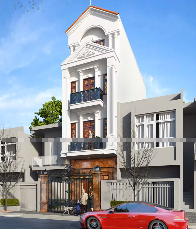 Mẫu thiết kế nhà ống phong cách cổ điển với màu trắng chủ đạo kết hợp mái ngói đỏ giúp căn nhà bừng sáng và nổi bật. Ảnh: Nhabepdonga.