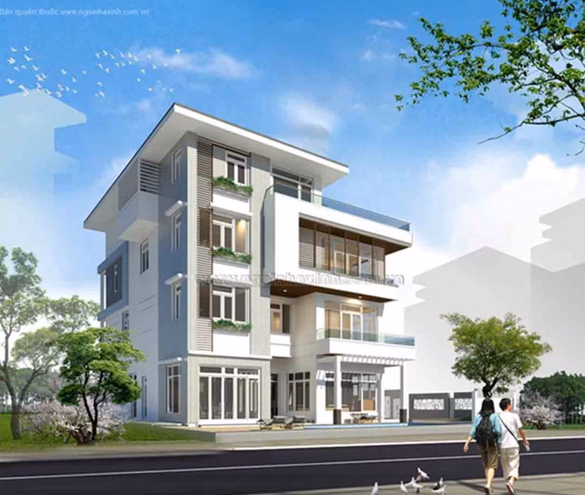 Ngôi nhà nổi bật với những mảng khối vững chắc, khỏe khoắn. Cách vươn ban công kính ra ngoài tạo cho khối công trình thêm phong cách. Ảnh: Ngoinhaxinh.