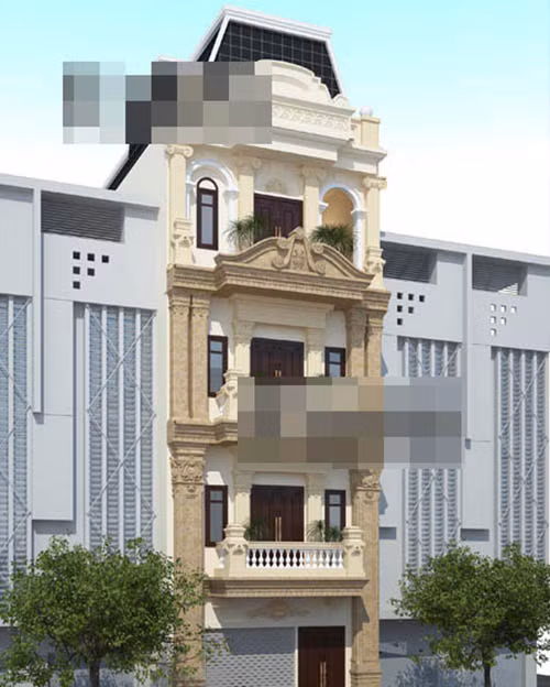 Ngôi nhà 4 tầng nổi bật với hệ mái đậm chất cổ điển châu Âu. Hệ cột giả với các hoa văn đầu cột và ban công đều mang kiến trúc Pháp. Ảnh: Kientrucsonha.
