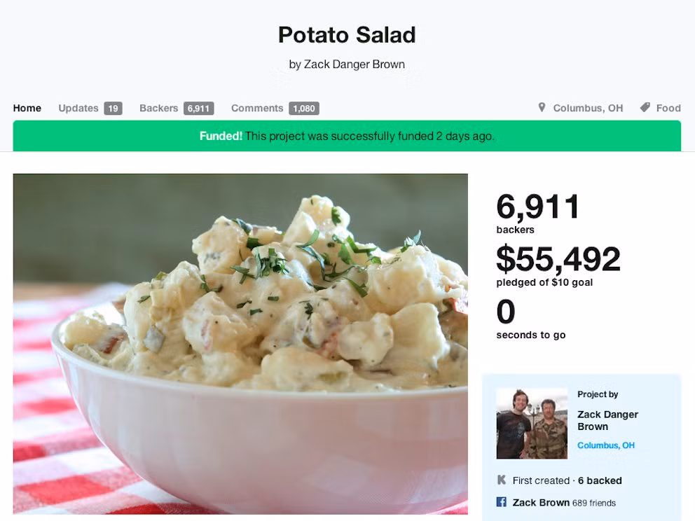 Kickstarter, nền tảng hỗ trợ các công ty và sản phẩm độc lập, được khởi xướng tháng 4/2009 sau khi đồng sáng lập Perry Chen muốn tìm ra cách để huy động nguồn vốn từ cộng đồng nhằm mời các nghệ sỹ đến một lễ hội tại New Orleans. Từ đó đến nay, đã có 13 triệu người hỗ trợ các dự án và 3,2 tỷ USD được gây quỹ trên website.
