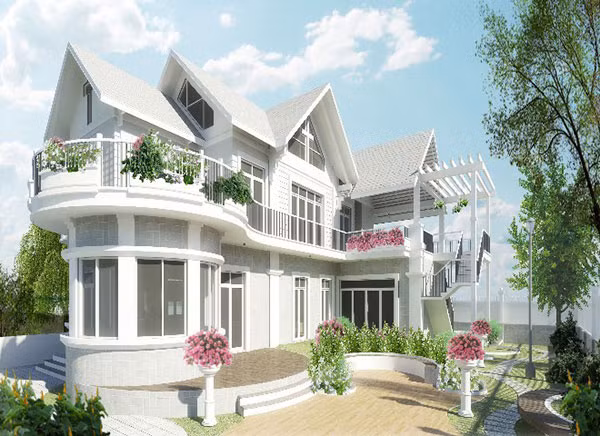Tất cả các phòng trong biệt thự vườn đều có thể ngắm ra sân vườn. Cầu thang lên tầng 2 được bố trí ngoài nhà. Ảnh: Kientrucnhapho.