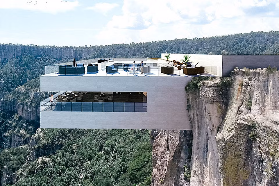Hai tầng của nhà hàng Copper Canyon Cocktail Bar ở Mexico được gắn vào vách đá dựng đứng. Ảnh: Uncrate.