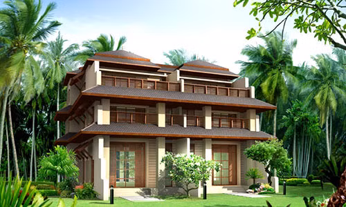 Thiết kế nhà vườn 2 tầng đẹp phong cách cổ điển với lan can gỗ. Ảnh: Kientrucdmc.