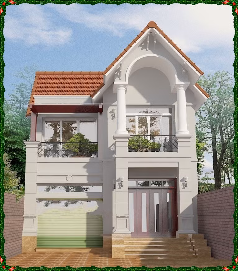 Biệt thự 2 tầng mái ngói được thiết kế theo phong cách cổ điển Pháp nhưng cách điệu và giảm bớt các đường nét cầu kỳ. Thay vào đó là khối trụ song song đơn giản. Ảnh: Thietkenhadepmoi.