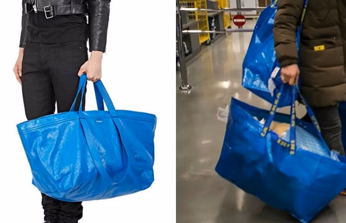 Tháng 4 năm nay, thương hiệu cao cấp Balenciaga nhận không ít “gạch đá” khi ra mắt mẫu túi trị giá gần 50 triệu nhưng lại có hình dáng, màu sắc giống hệt túi nhựa Fraka giá 22 ngàn đồng của IKEA. Ảnh: Boredpanda.