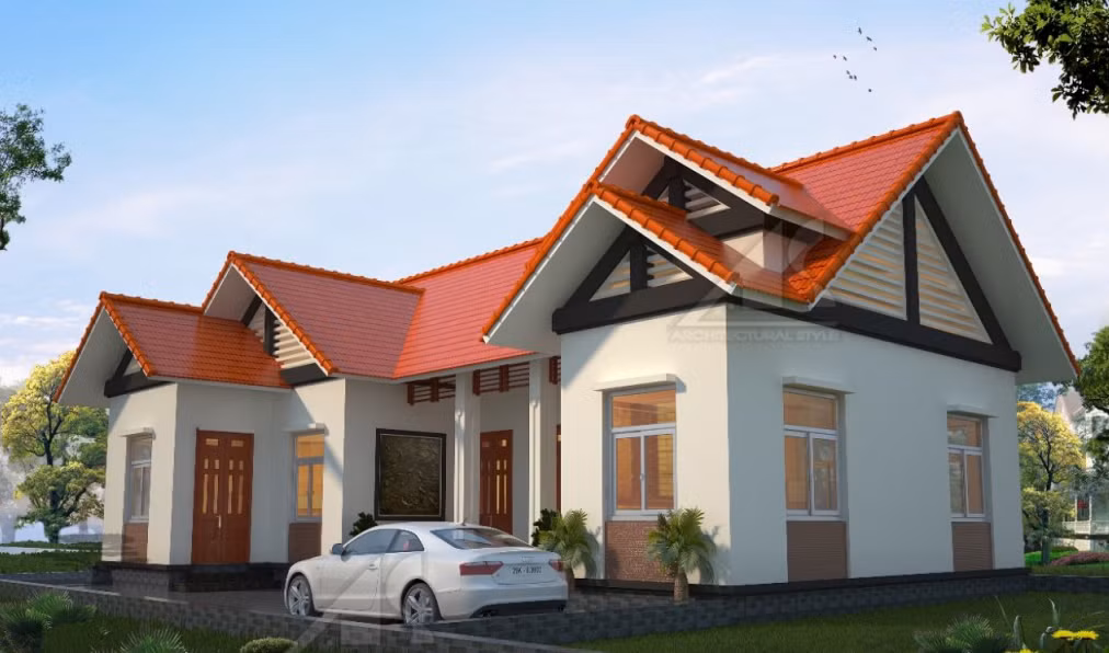  Biệt thự mái thái hiện đại với diện tích sàn 200m2 có không gian rộng thoáng theo mô hình kiến trúc mẫu nhà cấp 4 nông thôn miền Bắc, đặc trưng kiểu thái lợp ngói đỏ. Ảnh: Xuongnoithat.