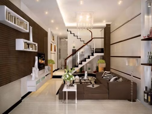 Không quá cầu kỳ, chỉ bằng những đường nét đơn giản nhưng đầy tinh tế cũng đủ tạo nên một mẫu phòng khách nhà ống tuyệt đẹp. Ảnh: Bannhabinhduong.