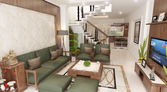 Sofa gỗ làm tăng sự đẳng cấp của phòng khách. Ảnh: Ytuongnhadep.