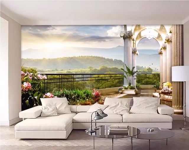 Với sự kết hợp màu sắc hài hòa, cả bầu trời núi đồi nằm gọn trong phòng khách. Ảnh: Printest.
