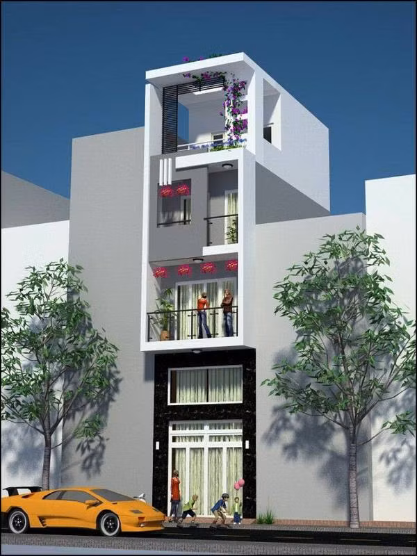 Nhà lệch tầng nhỏ đẹp với ngoại thất sơn màu trắng. Ảnh: Noithat360.