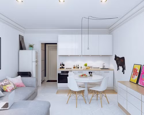Tổng diện tích của căn hộ nhỏ chỉ 25m2 nên phòng khách và phòng bếp cùng sử dụng chung không gian. Ảnh: House.