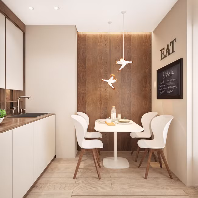 Bàn ăn nhỏ, dễ xếp gọn sau khi sử dụng cho không gian thoáng đãng hơn. Ảnh: Homedit.