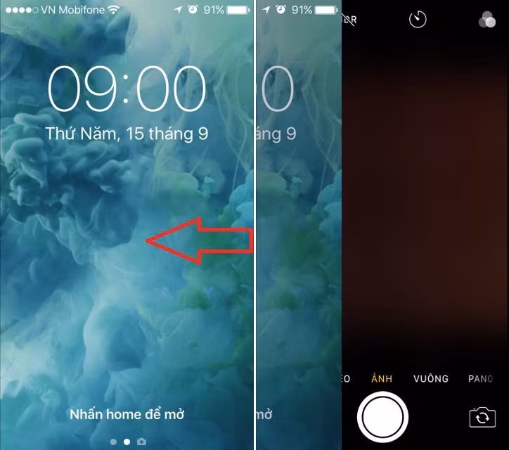 Người dùng hoàn toàn có thể mở camera trên iPhone cực nhanh chỉ bằng cách trượt ngón tay từ màn hình khóa đến biểu tượng máy ảnh. Ảnh: Thegioididong.