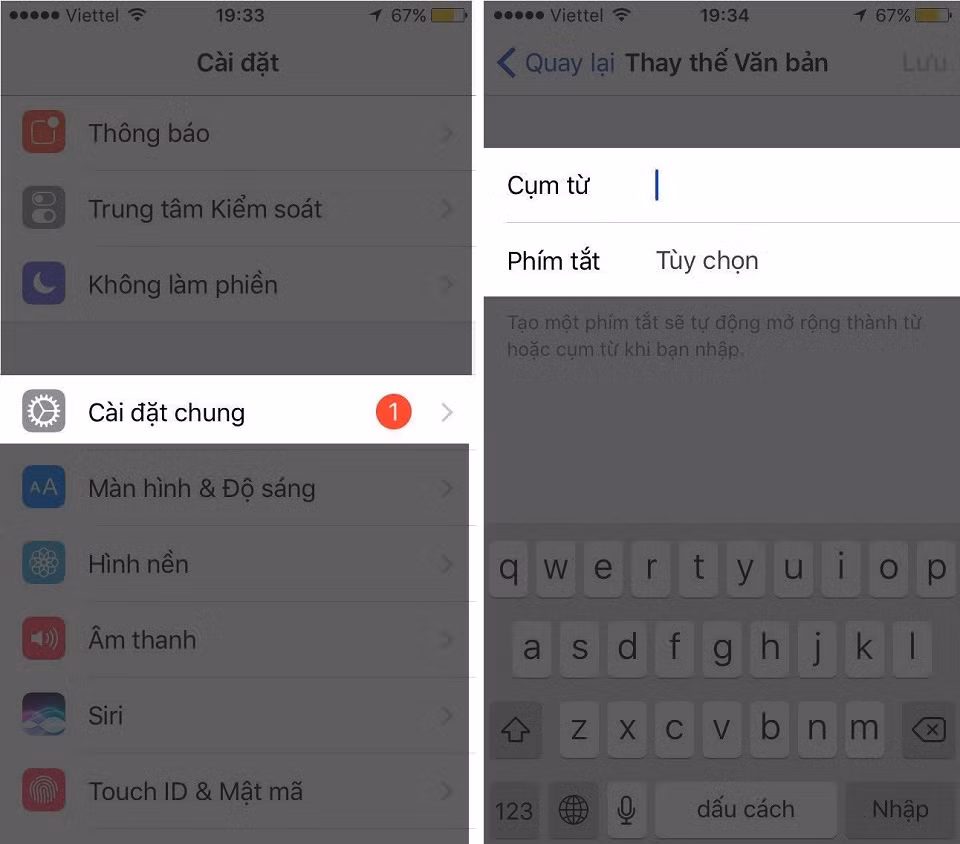 Không phải người dùng nào cũng biết đến những phím tắt trên iPhone. Chẳng hạn như bạn có thể gõ nhanh các cụm từ hay sử dụng với một vài ký tự đơn giản, bạn có thể vào Cài đặt chung > Bàn phím > Phím tắt > Nhấn vào biểu tượng dấu + ở góc trên cùng bên phải rồi nhập cụm từ cần thay thế và từ thay thế là xong. Ảnh: Fpt.