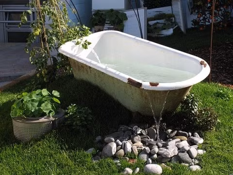Đặt nghiêng bồn tắm sát lối đi trong vườn, kè đá xung quanh tạo sự chắc chắn cho bể nước mà bạn tự sáng tạo. Thêm vòi phun để góc nhỏ trong vườn thêm sinh động, tiếng róc rách vui tai giúp khu vườn mùa hè thêm đáng yêu và mát mẻ hơn.