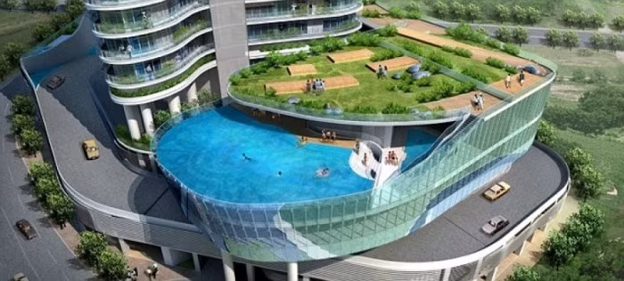 Hồ bơi vách kính trên sân thượng. Ảnh: Vinapool.