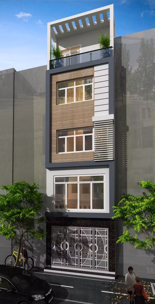 Tầng 1 với mẫu cổng sắt kiến cố chắc chắn nhưng càng lên cao không gian càng như mở ra, hết sức trẻ trung, thân thiện. Ảnh: Ytuongnhadep.