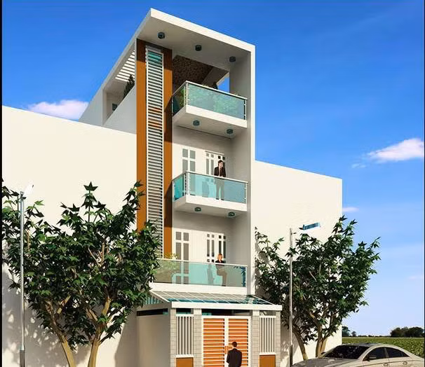 Ngôi nhà có sân trước 3m làm chỗ để xe máy. Phía trên sân trước có mái che kính lấy sáng xuống dưới và che mưa. Phía trong tích hợp giếng trời lấy sáng lớn vào cầu thang. Ảnh: Thietkenhadepmoi.