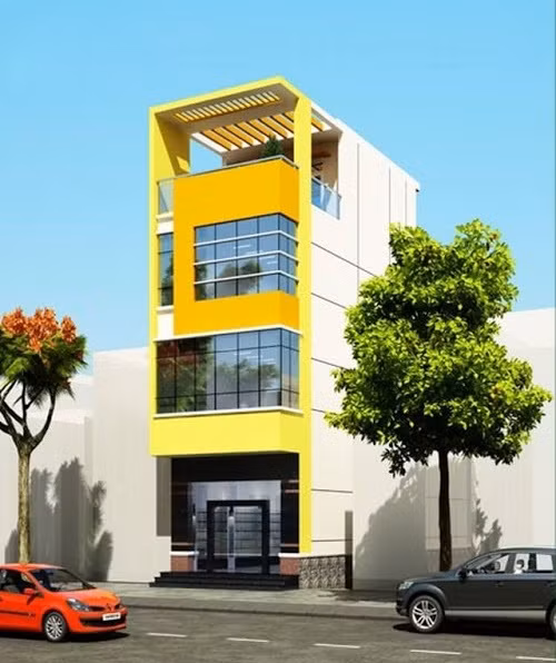 Mặt tiền của mẫu nhà 4 tầng này không tạo điểm nhấn nhờ vào phối màu sơn mà ở kiểu cách thiết kế. Ảnh: Nhadat24h.