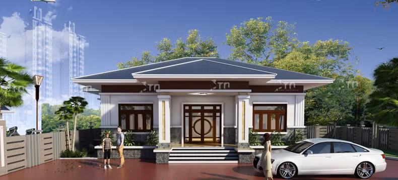 Nhà cấp 4 nhỏ nhưng sang trọng với sân gạch rộng rãi và tường rào màu nâu đẹp mắt. Ảnh: Printest.