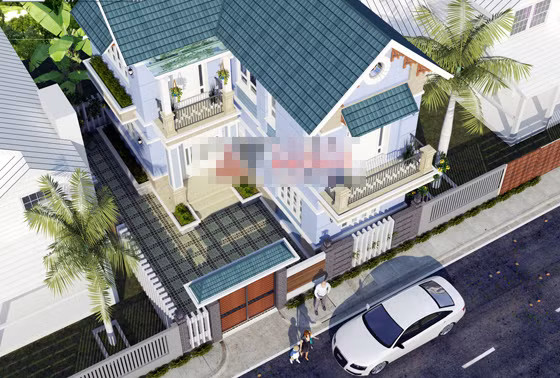 Thiết kế nhà 2 tầng chữ L mái thái với tông màu xanh đậm nổi bật. Ảnh: Angcovat.