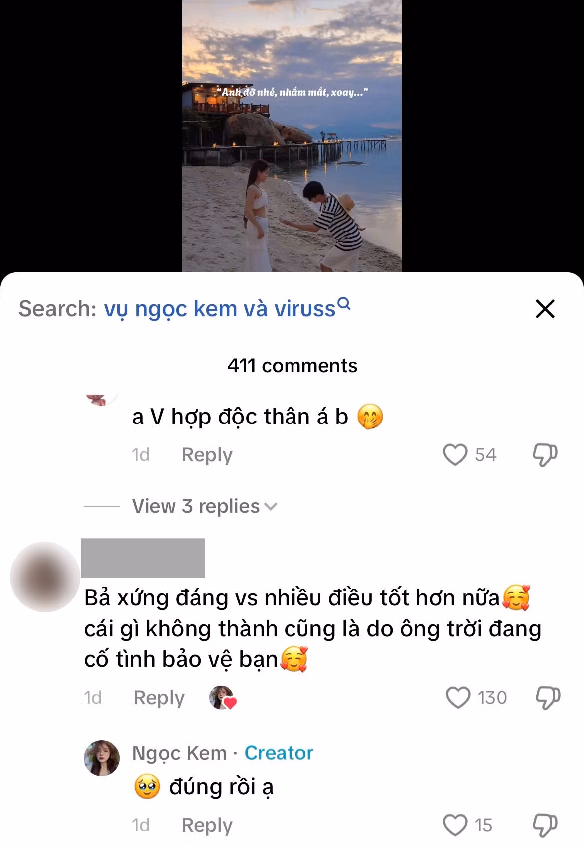 Ngọc Kem cũng like hàng loạt bình luận chê trách thái độ của người cũ như: "Bả xứng đáng với nhiều điều tốt hơn nữa. Cái gì không thành cũng là do ông trời đang cố tình bảo vệ bạn".