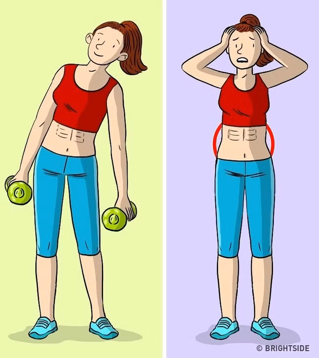 1. Uốn cong với tạ: Bài tập này không giúp cho cơ thể của bạn thêm săn chắc cơ bụng mà làm cho các cơ xung quanh phát triển làm mất cân đối vòng eo.