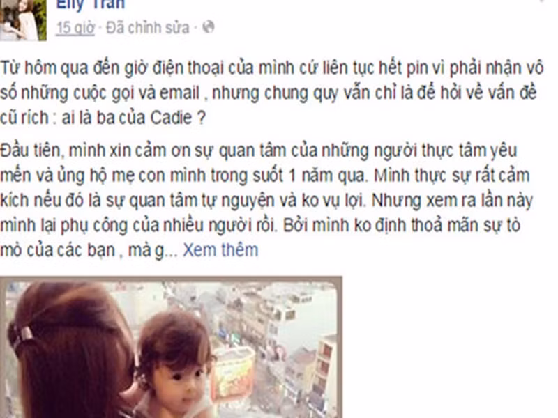 Năm 2015, cộng đồng đưa ra rất nhiều “bằng chứng” D.F là cha của bé Cadie - con gái Mộc Trà như D.F từng chia sẻ hình ảnh bé Cadie trên trang cá nhân, từng đăng tải trạng thái “Đã kết hôn với Elly Trần” vào ngày 11/12/2011 hay từng so sánh ảnh sơ sinh của mình với ảnh của Cadie. Với thông tin danh tính của cha của con gái bị lộ, Elly Trần chỉ chia sẻ rằng không phải ai có hình của Cadie đều là cha của bé Cadie. Người đẹp khẳng định chỉ có những thông tin mà cô xác minh mới thực sự đáng tin cậy. Cuối cùng, Elly Trần mong mọi người hãy bảo vệ hai mẹ con cô. Ảnh: FBNV