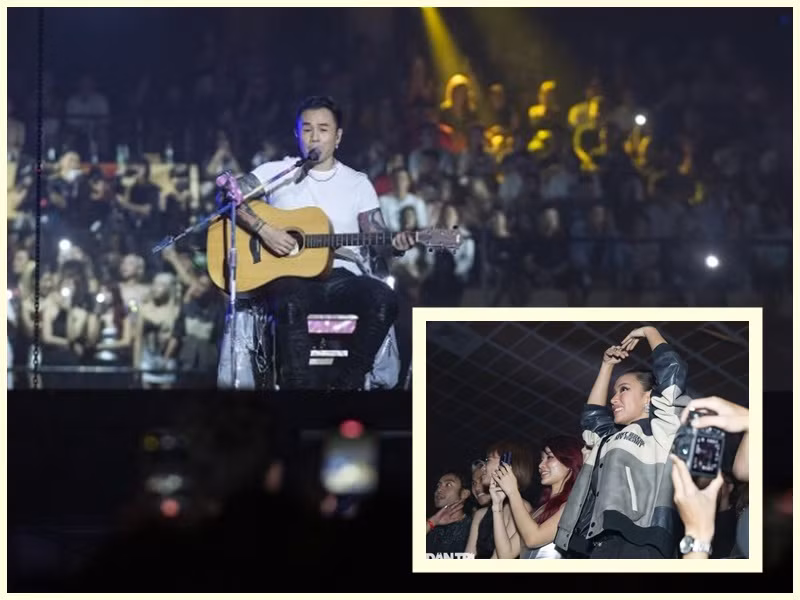 2 năm qua, dù lộ nhiều bằng chứng hẹn hò, rapper Binz và Châu Bùi không chính thức xác nhận là một cặp. Mới đây, trong một đêm diễn, Binz chia sẻ anh muốn dành tặng bài hát cho một người con gái đặc biệt đang có mặt dưới sân khấu. Ngay lập tức màn hình lớn xuất hiện hình ảnh Châu Bùi giơ tay thể hiện biểu tượng trái tim ở hàng ghế khán giả. Ảnh: Dân Trí