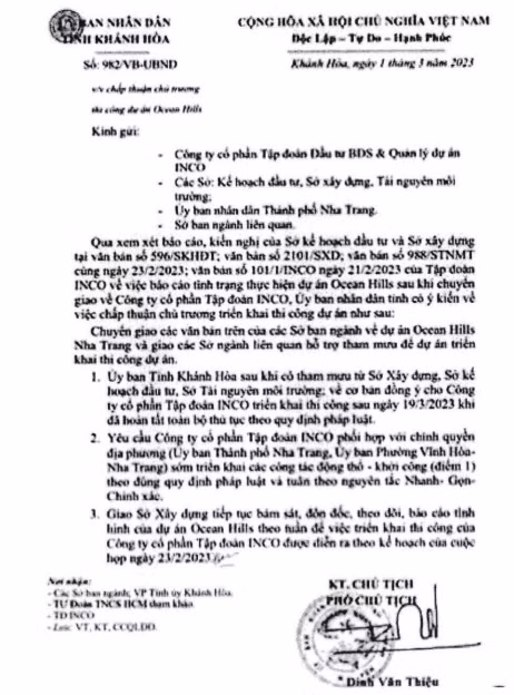 Khánh Hòa: Cảnh báo văn bản cho phép thi công dự án Ocean Hills là giả Khanh Hoa: Canh bao van ban cho phep thi cong du an Ocean Hills la gia